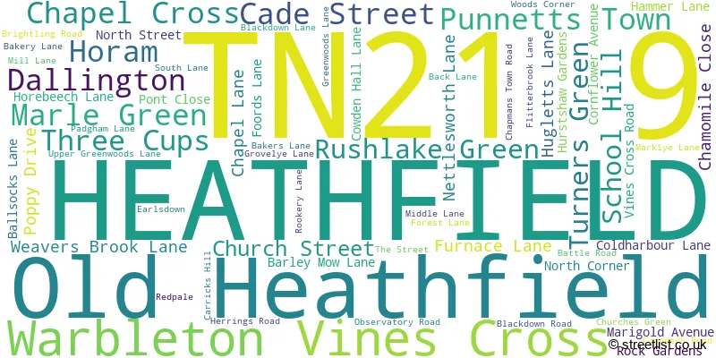 A word cloud for the TN21 9 postcode